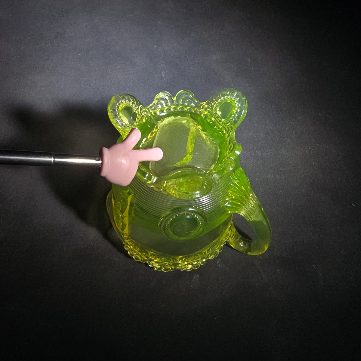 Antique Uranium Glass Pressed Creamer with Medallion and Ribbed Pattern, Floral Scalloped Rim, UV Reactive, Note Crack on Bottom