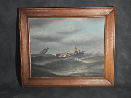 Antique Oil Painting on Canvas, Dory Fishermen in Yellow Oilskins on Rough Seas with Schooner Fleet, Framed