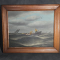 Lot 041 - Antique Oil Painting on Canvas, Dory Fishermen in Yellow Oilskins on Rough Seas with Schooner Fleet, Framed, 24-5/8" W x 20-5/8" H