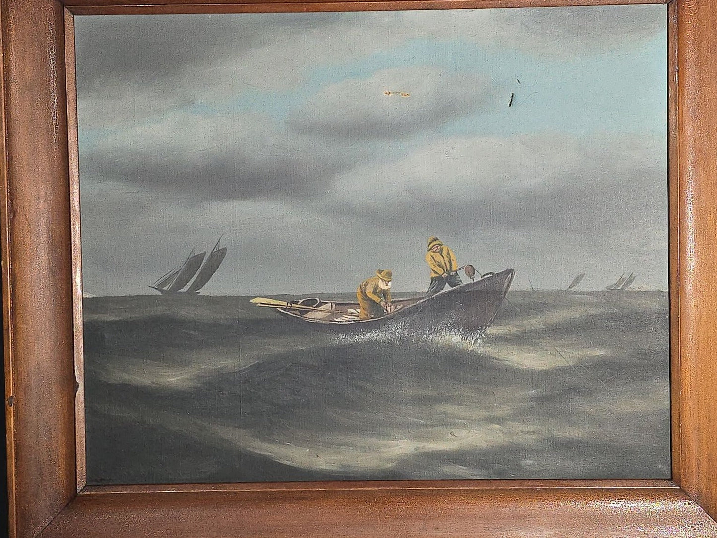 Antique Oil Painting on Canvas, Dory Fishermen in Yellow Oilskins on Rough Seas with Schooner Fleet, Framed