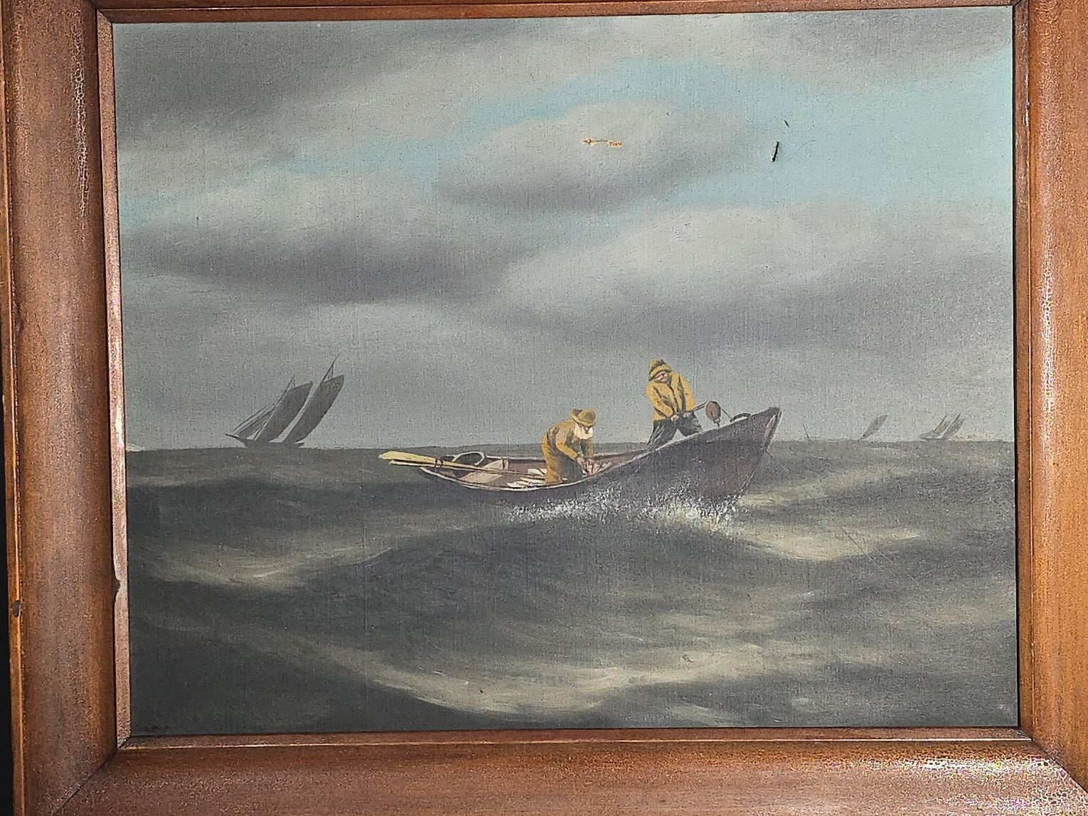 Antique Oil Painting on Canvas, Dory Fishermen in Yellow Oilskins on Rough Seas with Schooner Fleet, Framed