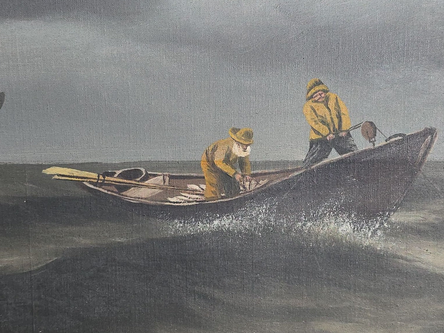 Antique Oil Painting on Canvas, Dory Fishermen in Yellow Oilskins on Rough Seas with Schooner Fleet, Framed