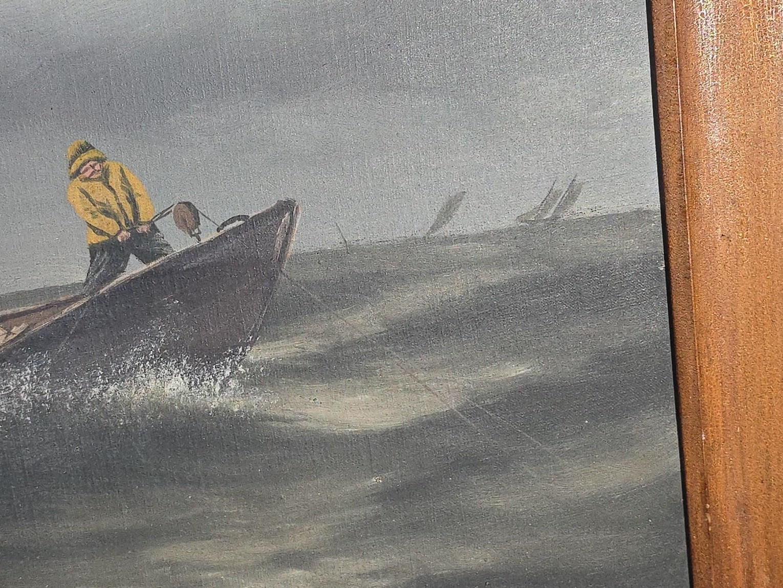 Antique Oil Painting on Canvas, Dory Fishermen in Yellow Oilskins on Rough Seas with Schooner Fleet, Framed