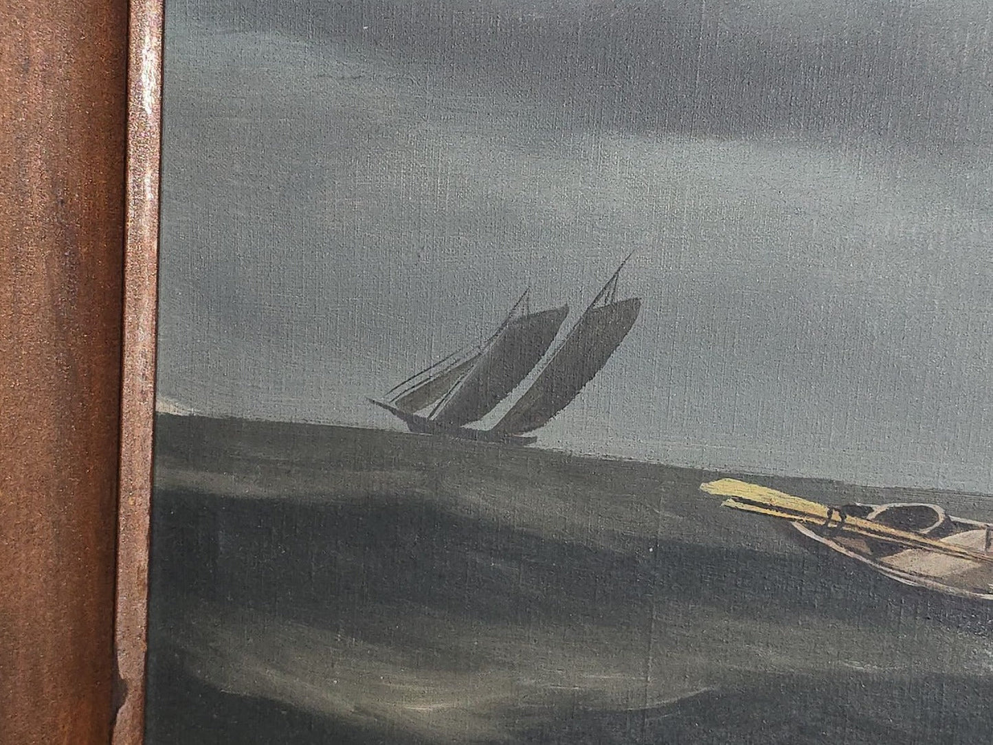 Antique Oil Painting on Canvas, Dory Fishermen in Yellow Oilskins on Rough Seas with Schooner Fleet, Framed