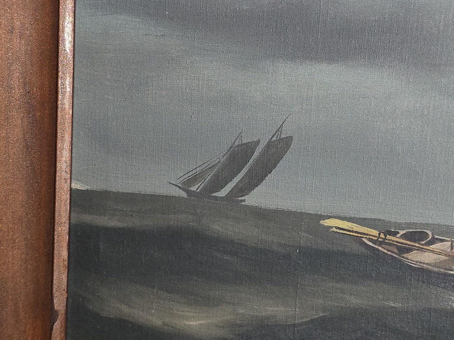 Antique Oil Painting on Canvas, Dory Fishermen in Yellow Oilskins on Rough Seas with Schooner Fleet, Framed