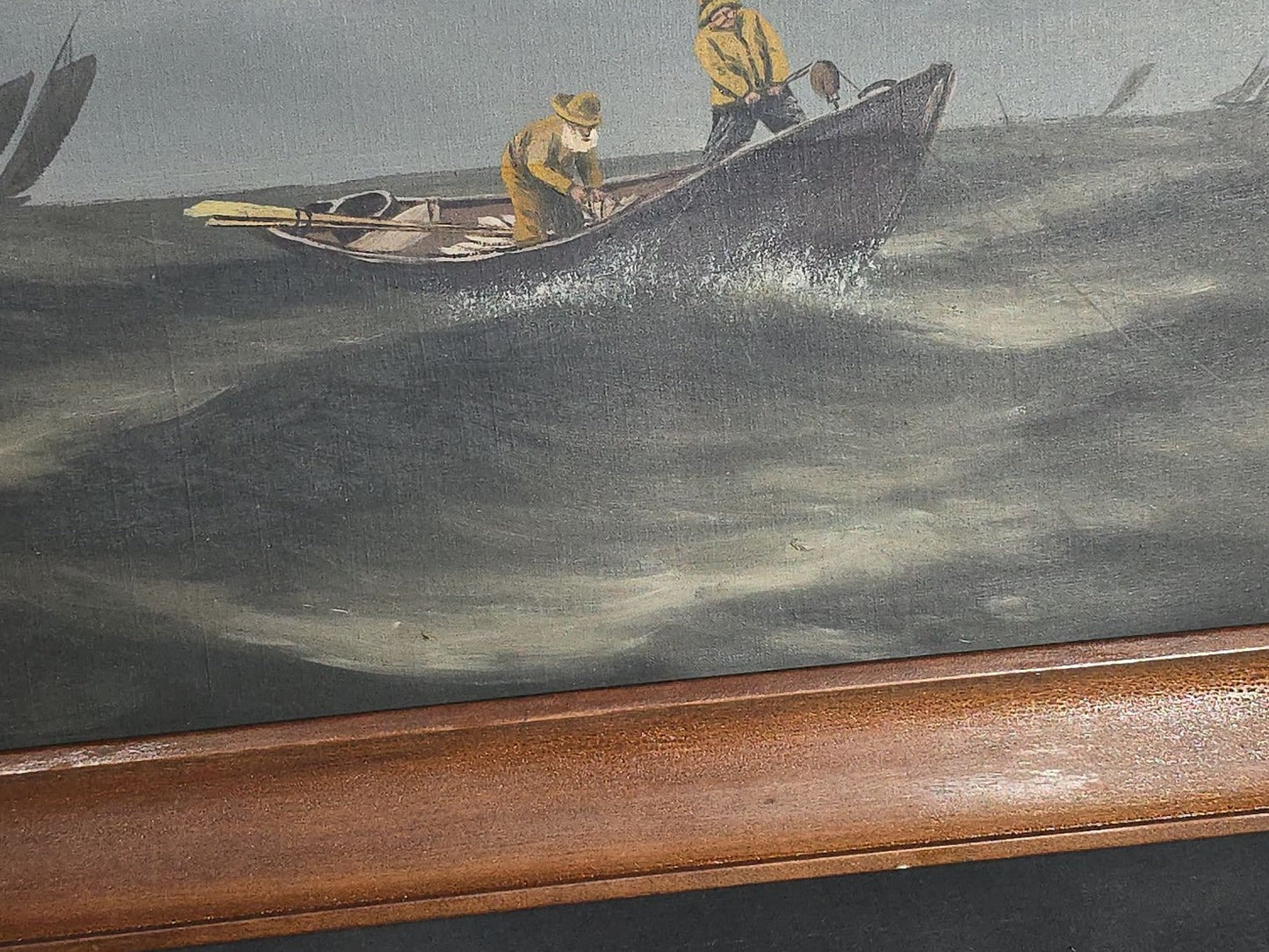 Antique Oil Painting on Canvas, Dory Fishermen in Yellow Oilskins on Rough Seas with Schooner Fleet, Framed