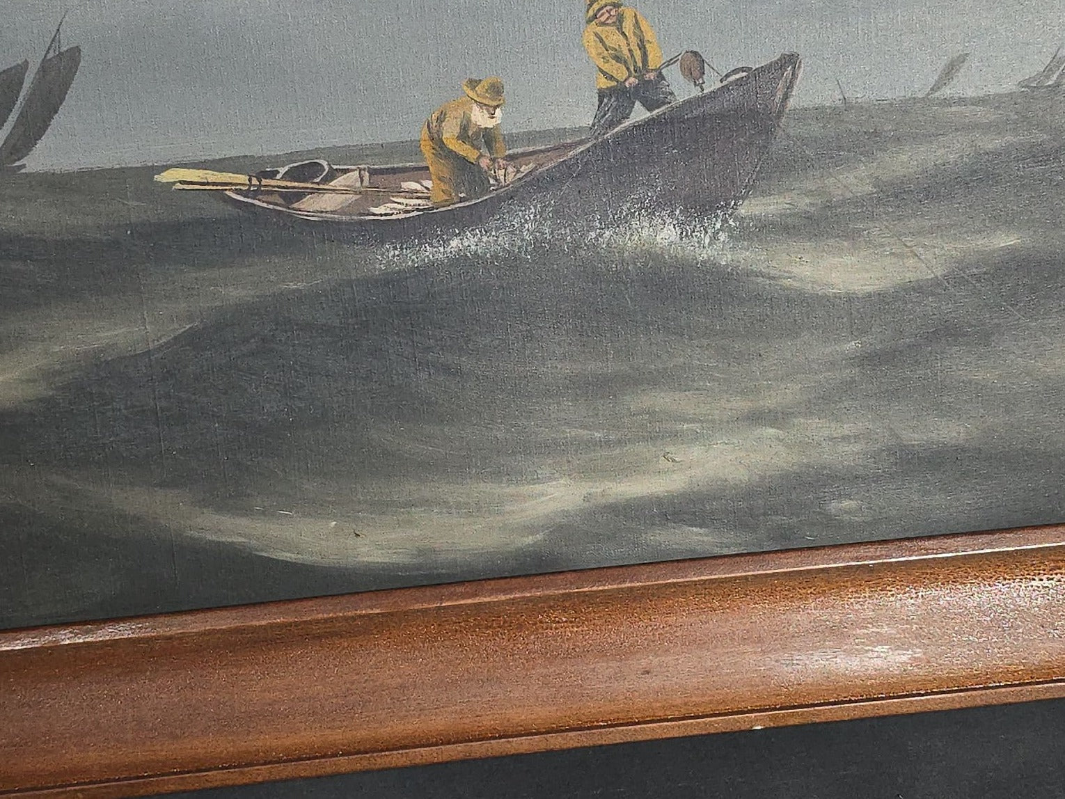 Antique Oil Painting on Canvas, Dory Fishermen in Yellow Oilskins on Rough Seas with Schooner Fleet, Framed