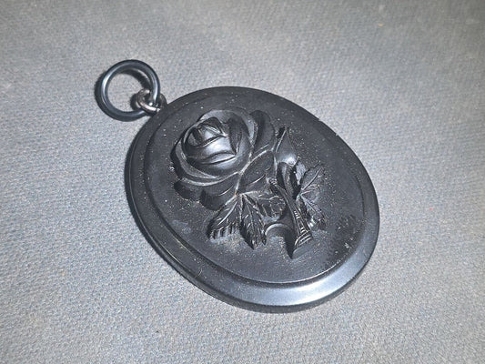 Antique Victorian Mourning Pendant with Carved Rose Motif and Bail