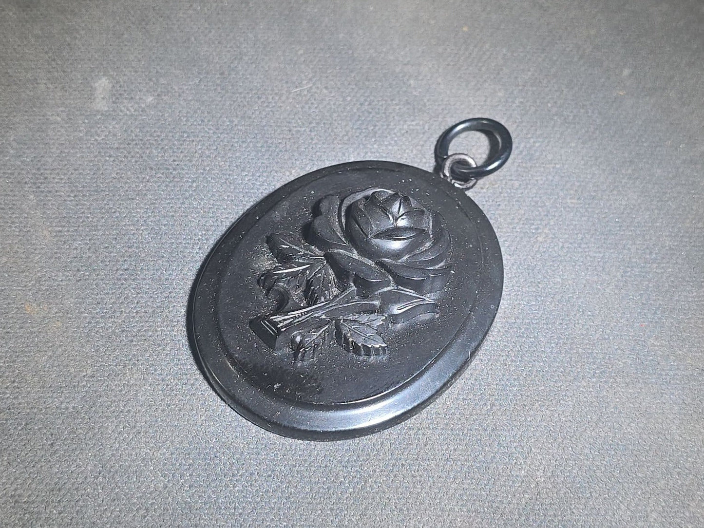 Antique Victorian Mourning Pendant with Carved Rose Motif and Bail