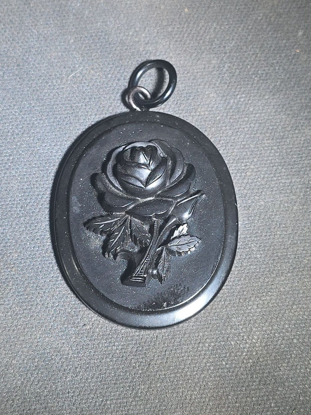 Antique Victorian Mourning Pendant with Carved Rose Motif and Bail