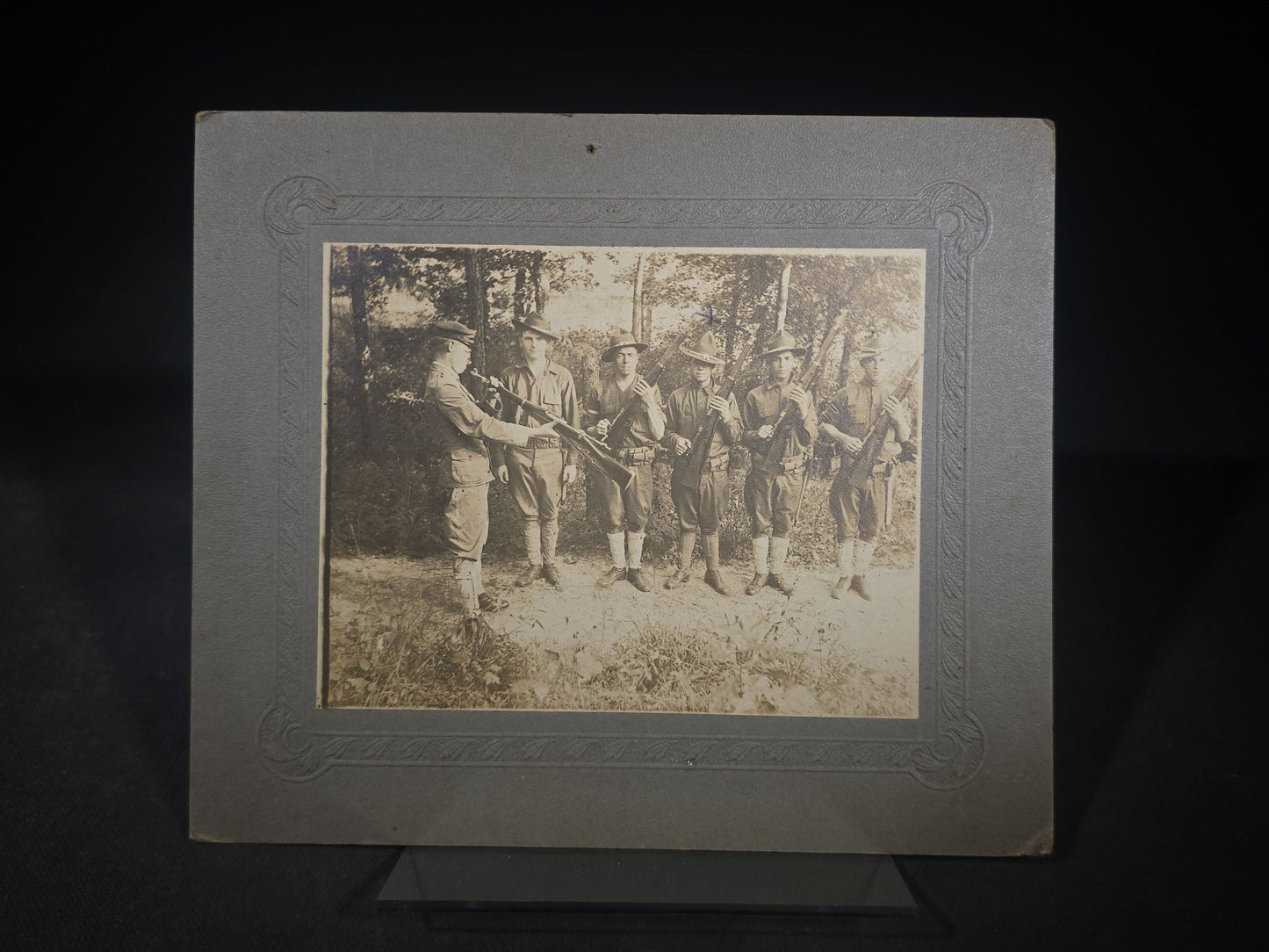 Antique Board-Mounted Photograph of Six WWI-Era Soldiers with Rifles During Inspection