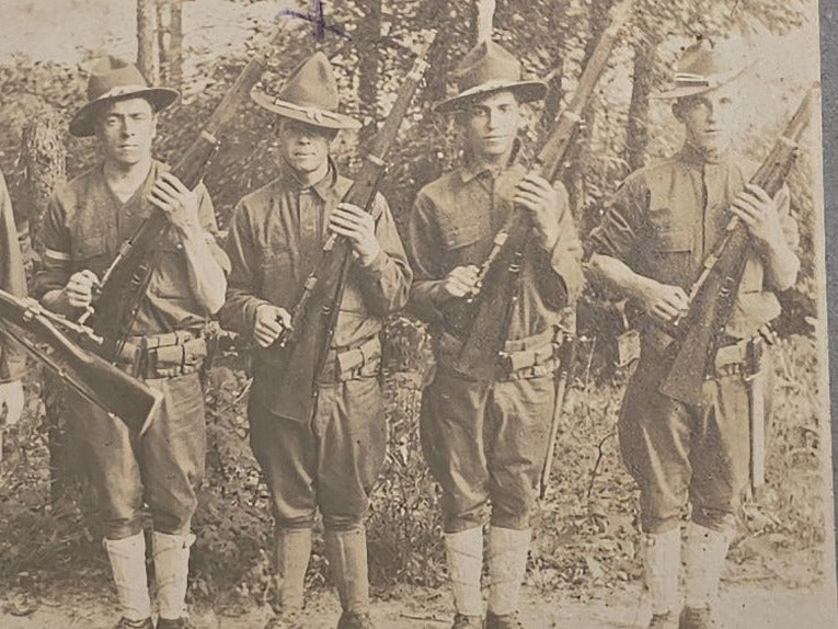 Antique Board-Mounted Photograph of Six WWI-Era Soldiers with Rifles During Inspection