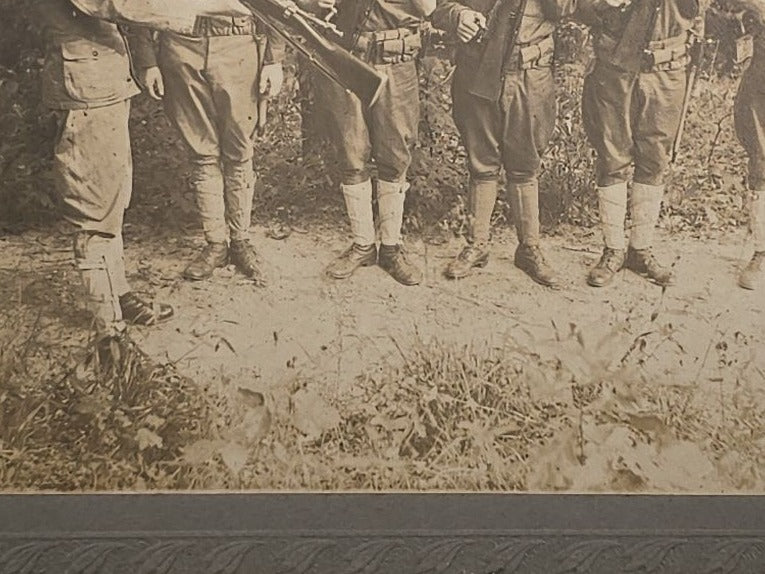 Antique Board-Mounted Photograph of Six WWI-Era Soldiers with Rifles During Inspection