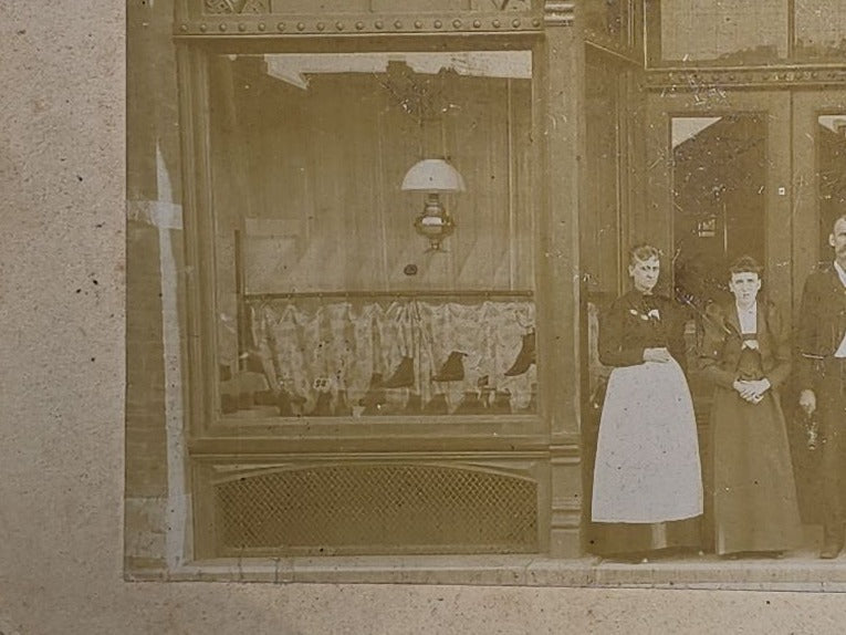 Antique Cabinet Card Occupational Photograph of "Boston Shoe Store" Storefront with Staff Posed in Entrance and Shoe Window Displays