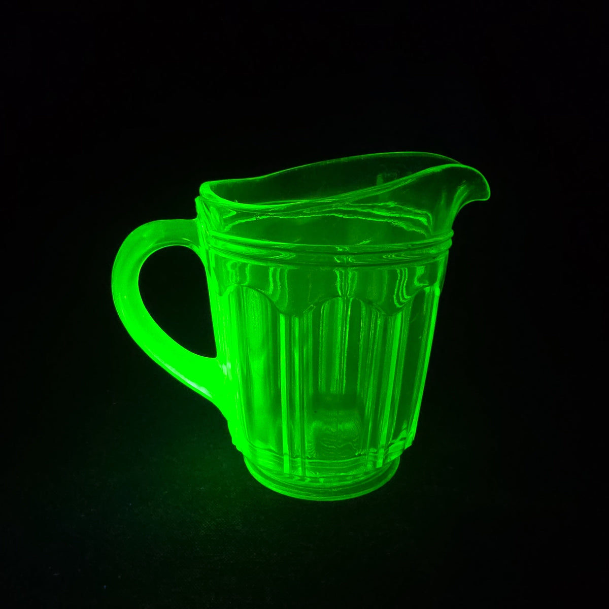 Vintage Green Uranium Glass Creamer Pitcher with Ribbed Panel Pattern, UV Reactive