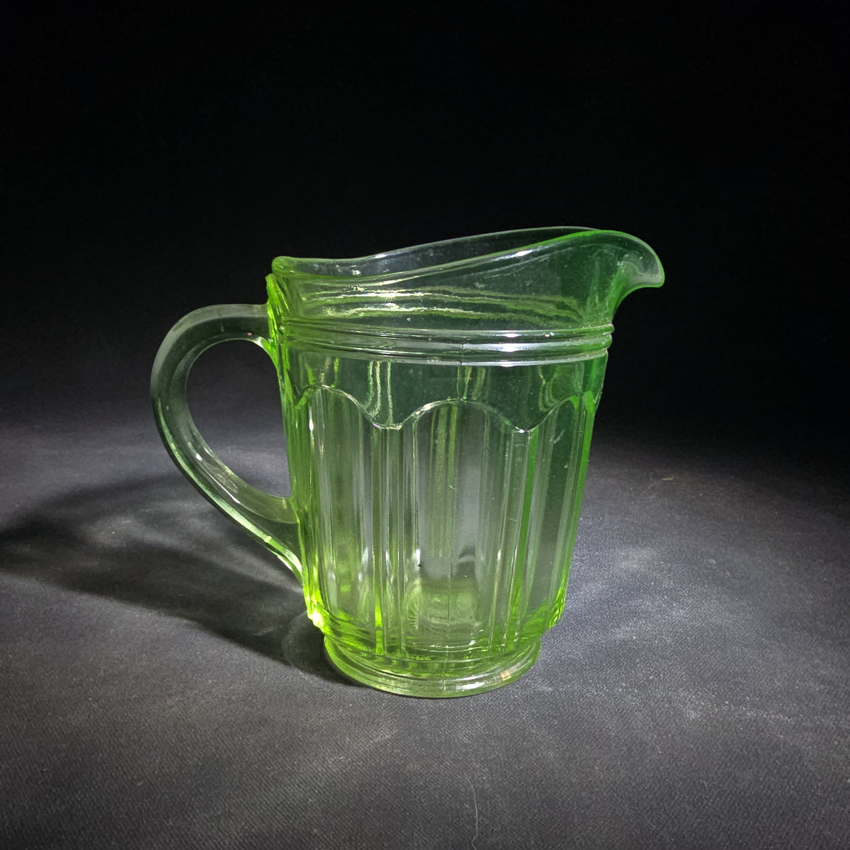 Vintage Green Uranium Glass Creamer Pitcher with Ribbed Panel Pattern, UV Reactive
