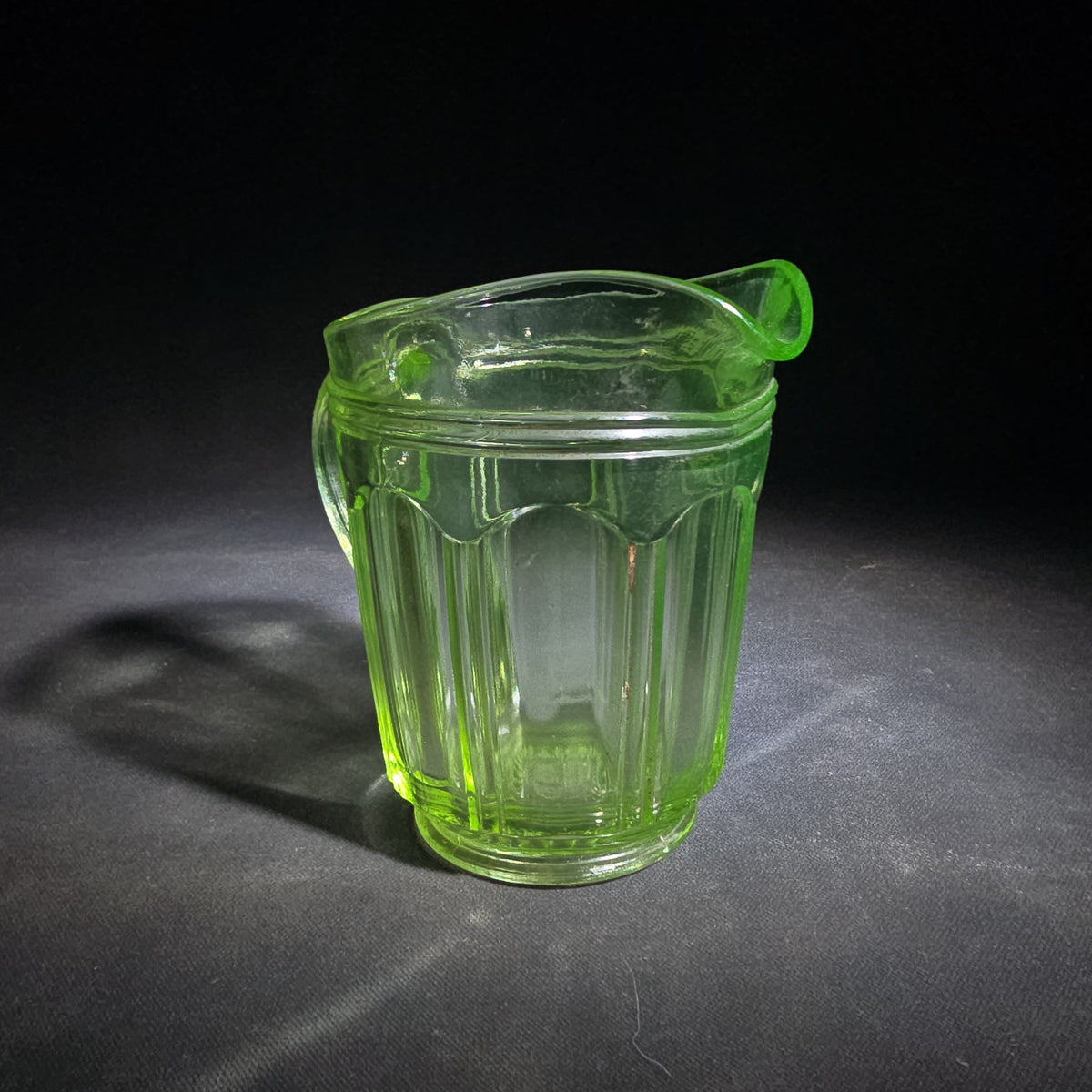 Vintage Green Uranium Glass Creamer Pitcher with Ribbed Panel Pattern, UV Reactive