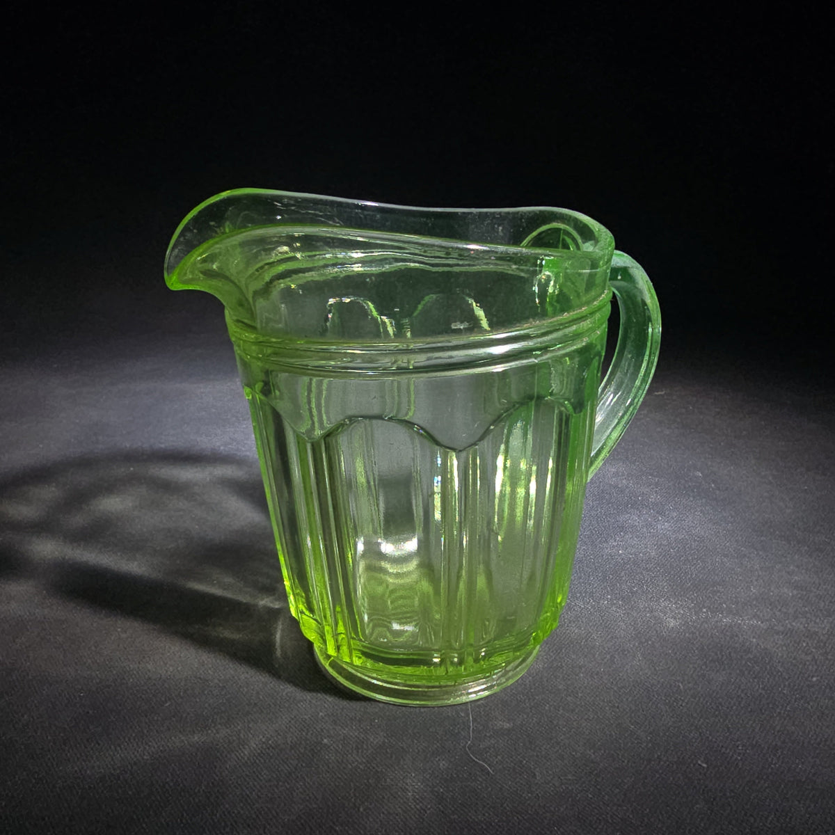 Vintage Green Uranium Glass Creamer Pitcher with Ribbed Panel Pattern, UV Reactive