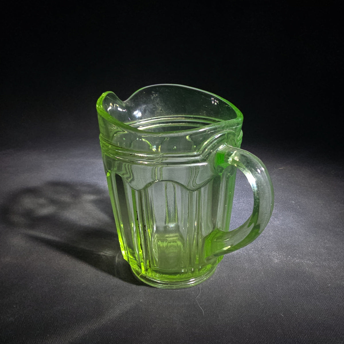 Vintage Green Uranium Glass Creamer Pitcher with Ribbed Panel Pattern, UV Reactive