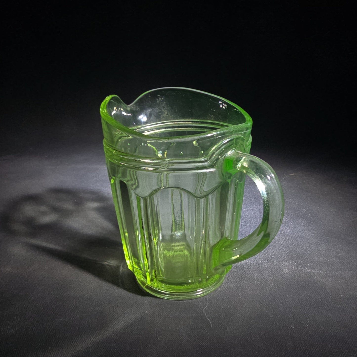 Vintage Green Uranium Glass Creamer Pitcher with Ribbed Panel Pattern, UV Reactive