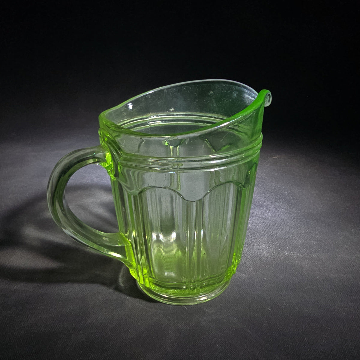 Vintage Green Uranium Glass Creamer Pitcher with Ribbed Panel Pattern, UV Reactive