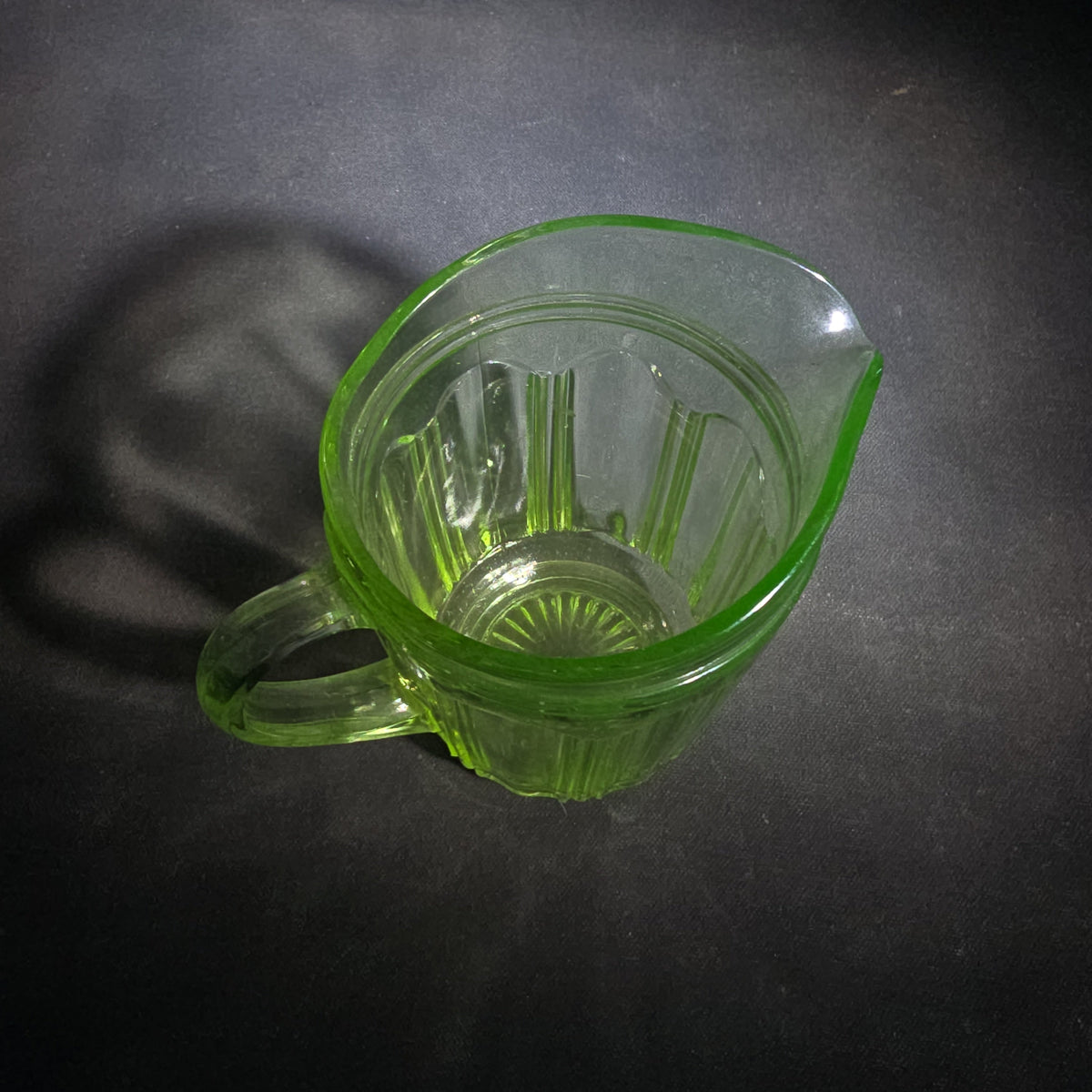 Vintage Green Uranium Glass Creamer Pitcher with Ribbed Panel Pattern, UV Reactive