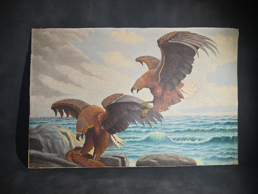 Vintage Oil Painting on Board, Two Eagles Attacking Prey on a Rocky Coastline, Signed J.L. Weideman, Dated 1941