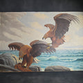 Lot 042 - Vintage Oil Painting on Board, Two Eagles Attacking Prey on a Rocky Coastline, Signed J.L. Weideman, Dated 1941, 37-1/4" W x 24-5/8" H