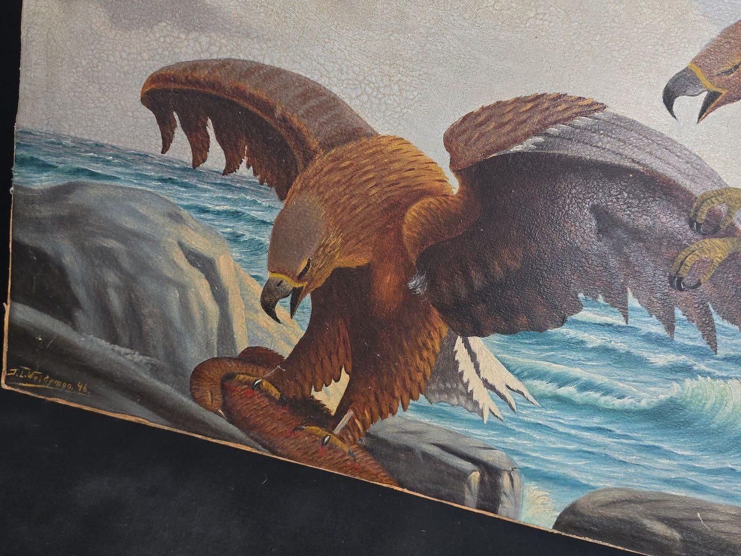 Vintage Oil Painting on Board, Two Eagles Attacking Prey on a Rocky Coastline, Signed J.L. Weideman, Dated 1941