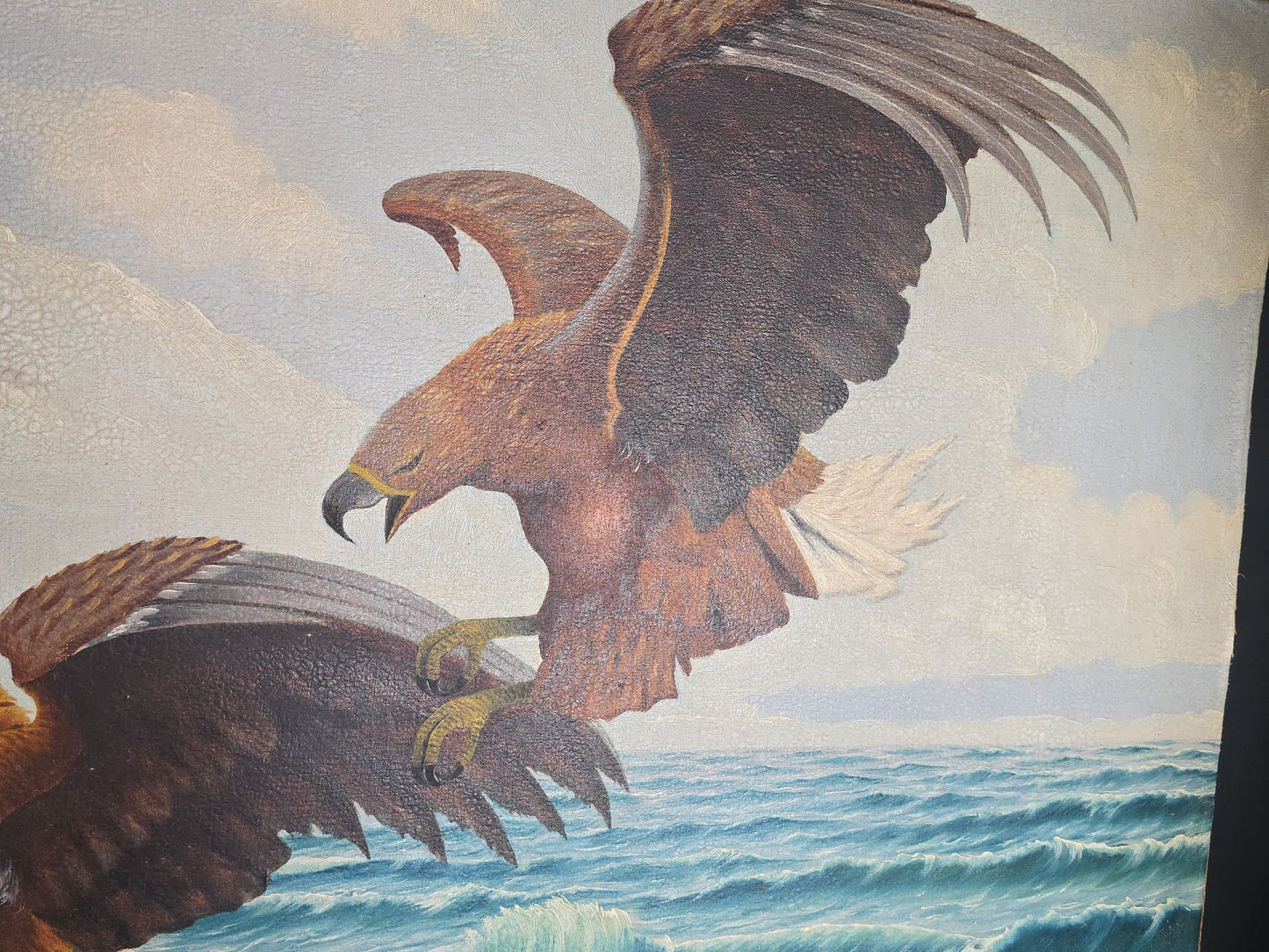 Vintage Oil Painting on Board, Two Eagles Attacking Prey on a Rocky Coastline, Signed J.L. Weideman, Dated 1941