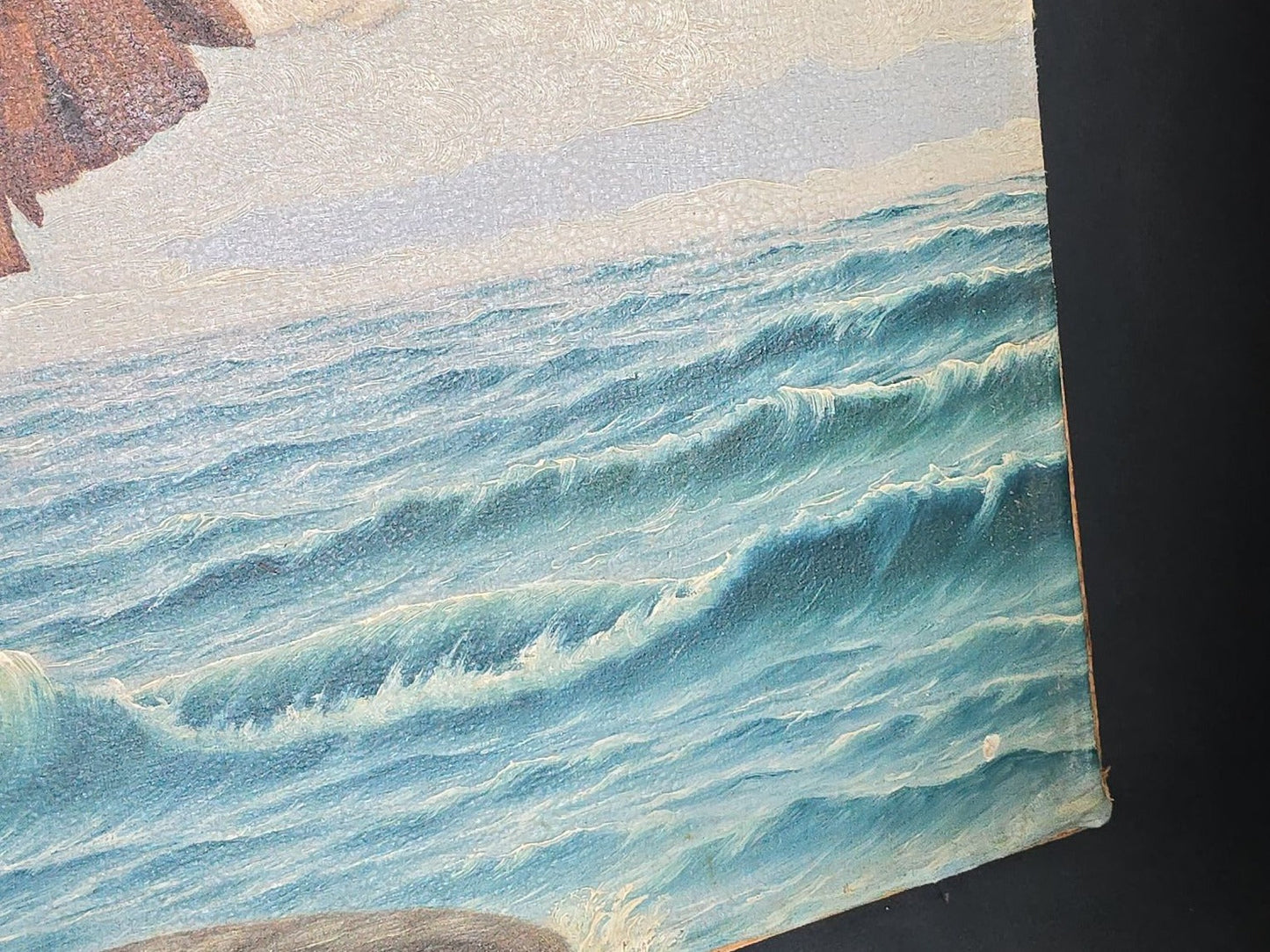 Vintage Oil Painting on Board, Two Eagles Attacking Prey on a Rocky Coastline, Signed J.L. Weideman, Dated 1941