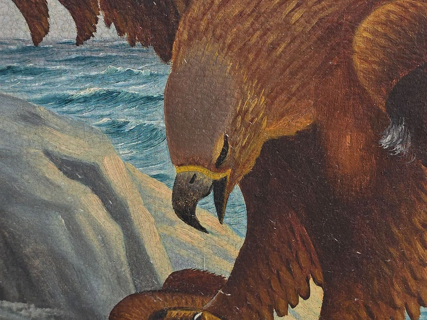 Vintage Oil Painting on Board, Two Eagles Attacking Prey on a Rocky Coastline, Signed J.L. Weideman, Dated 1941