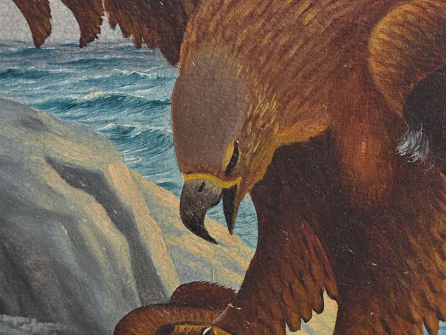 Vintage Oil Painting on Board, Two Eagles Attacking Prey on a Rocky Coastline, Signed J.L. Weideman, Dated 1941