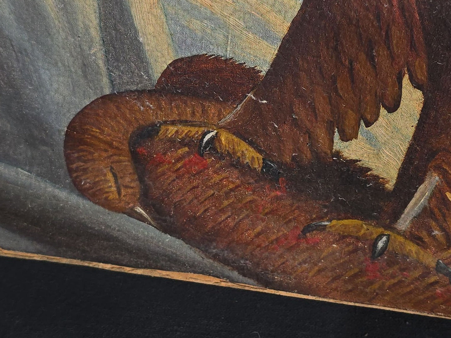 Vintage Oil Painting on Board, Two Eagles Attacking Prey on a Rocky Coastline, Signed J.L. Weideman, Dated 1941