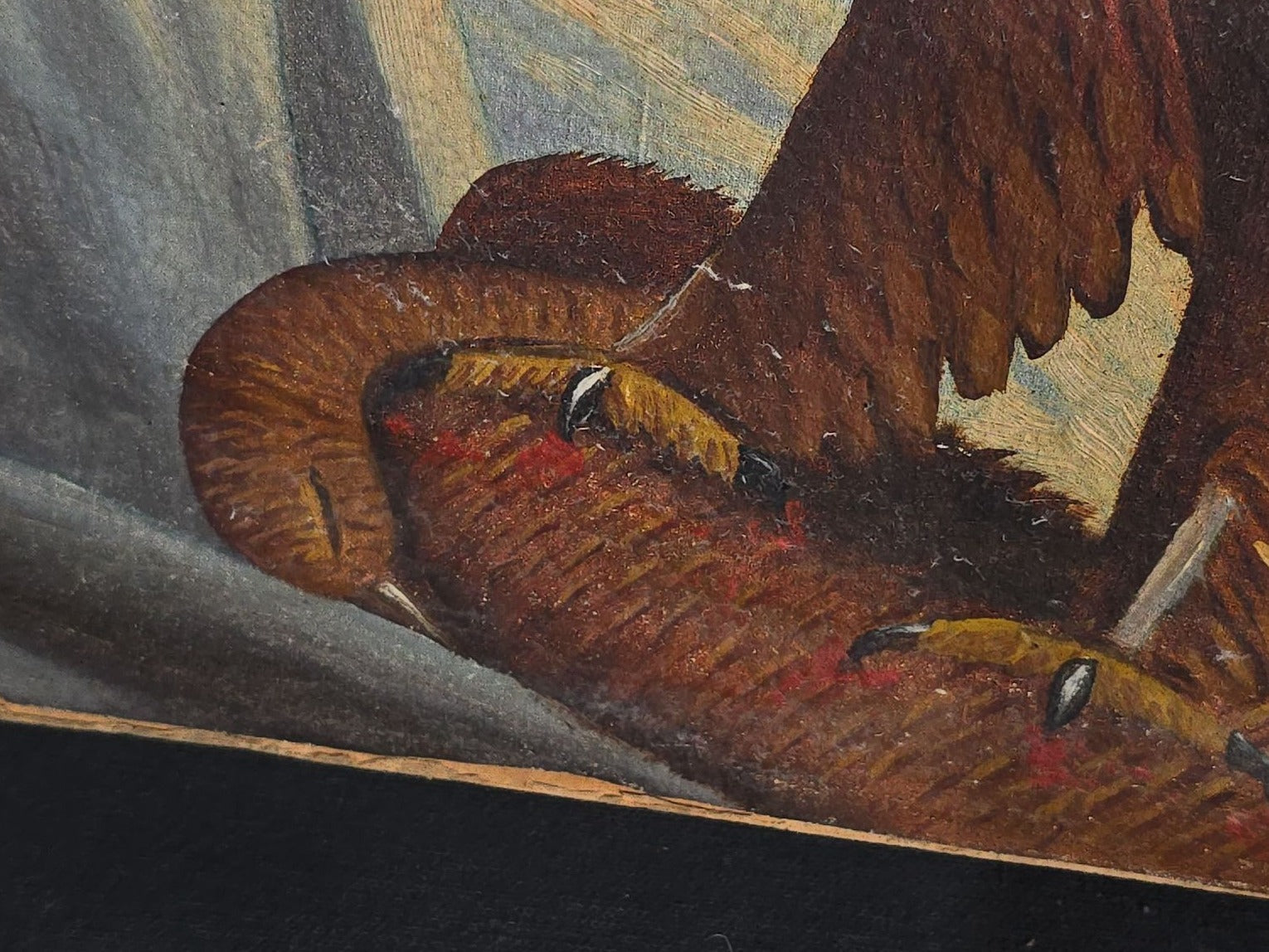 Vintage Oil Painting on Board, Two Eagles Attacking Prey on a Rocky Coastline, Signed J.L. Weideman, Dated 1941