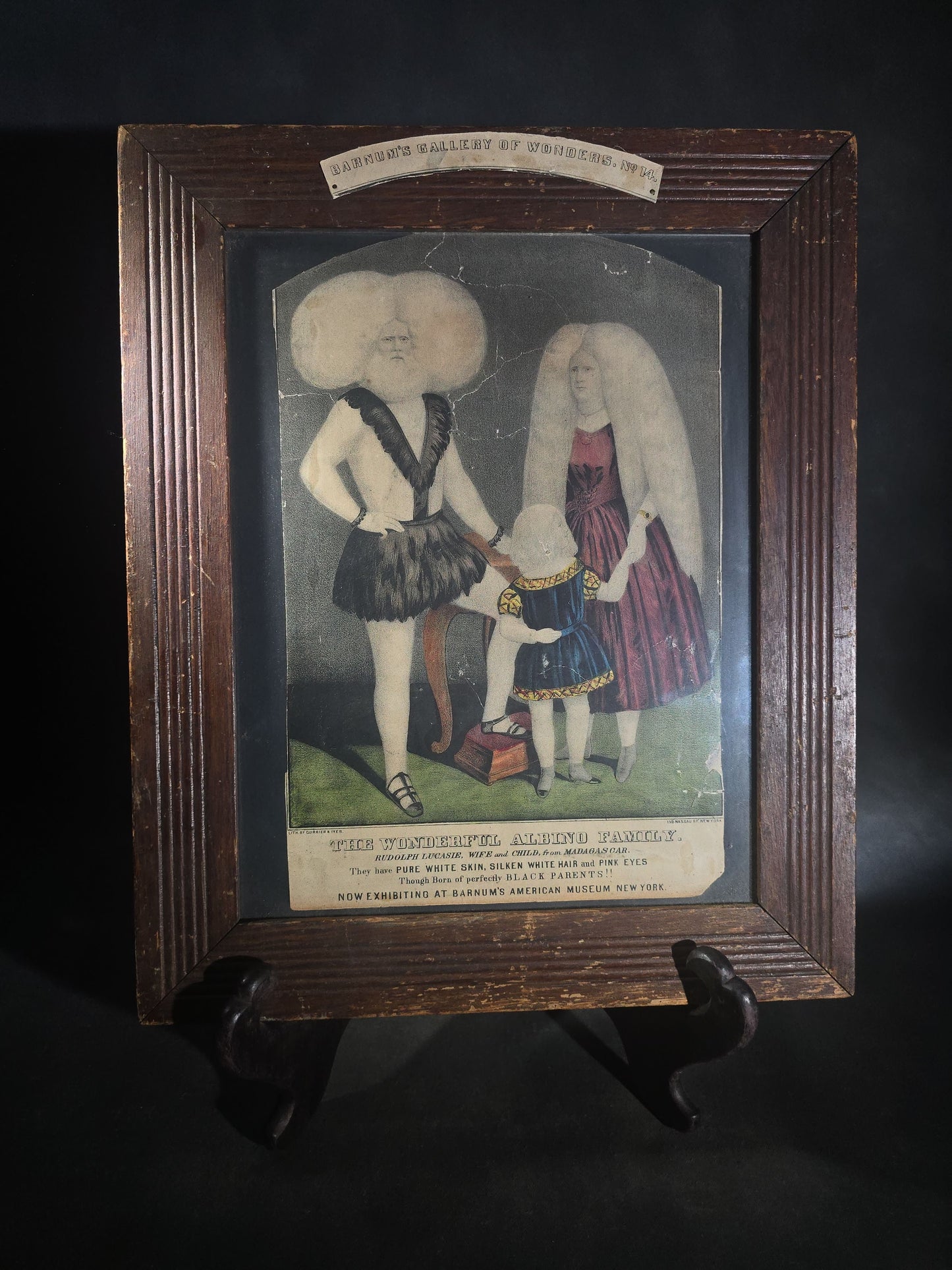 Antique "The Wonderful Albino Family" Hand-Colored Lithograph Print, Barnum's Gallery of Wonders No. 14, Published by Currier & Ives, 152 Nassau Street, New York, Framed