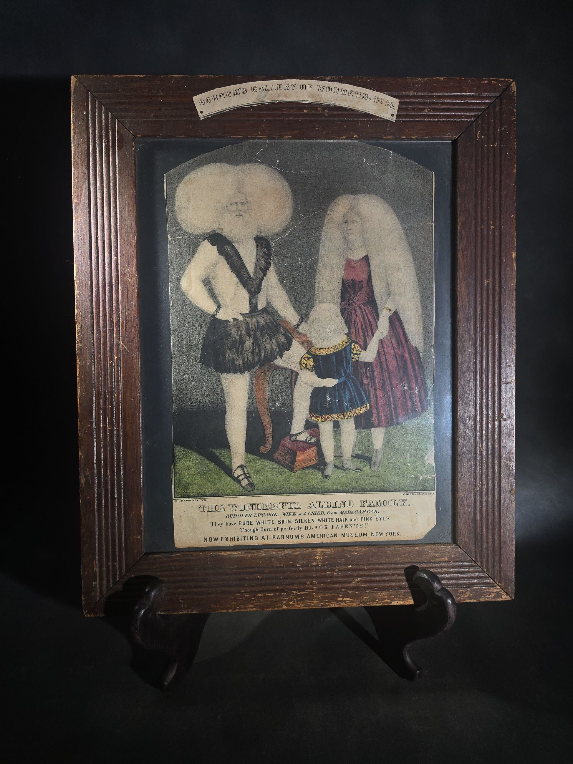 Antique "The Wonderful Albino Family" Hand-Colored Lithograph Print, Barnum's Gallery of Wonders No. 14, Published by Currier & Ives, 152 Nassau Street, New York, Framed