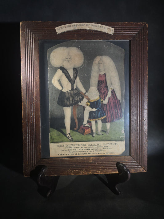 Antique "The Wonderful Albino Family" Hand-Colored Lithograph Print, Barnum's Gallery of Wonders No. 14, Published by Currier & Ives, 152 Nassau Street, New York, Framed