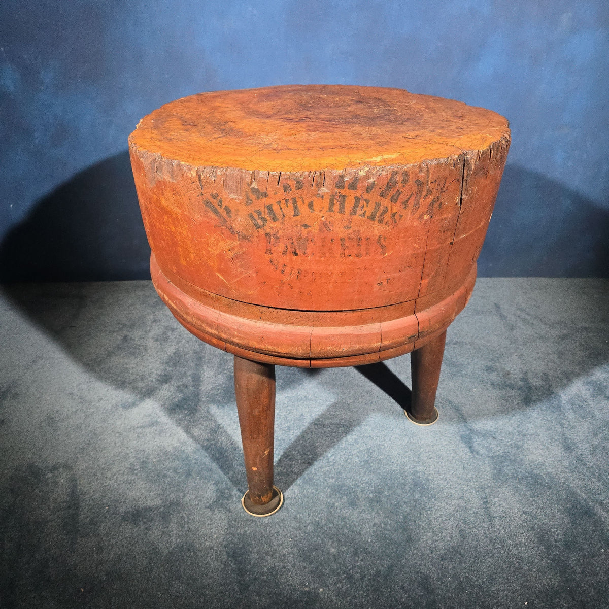Antique Round Three-Legged Butcher Block with Stenciled "Butchers & Packers" Lettering