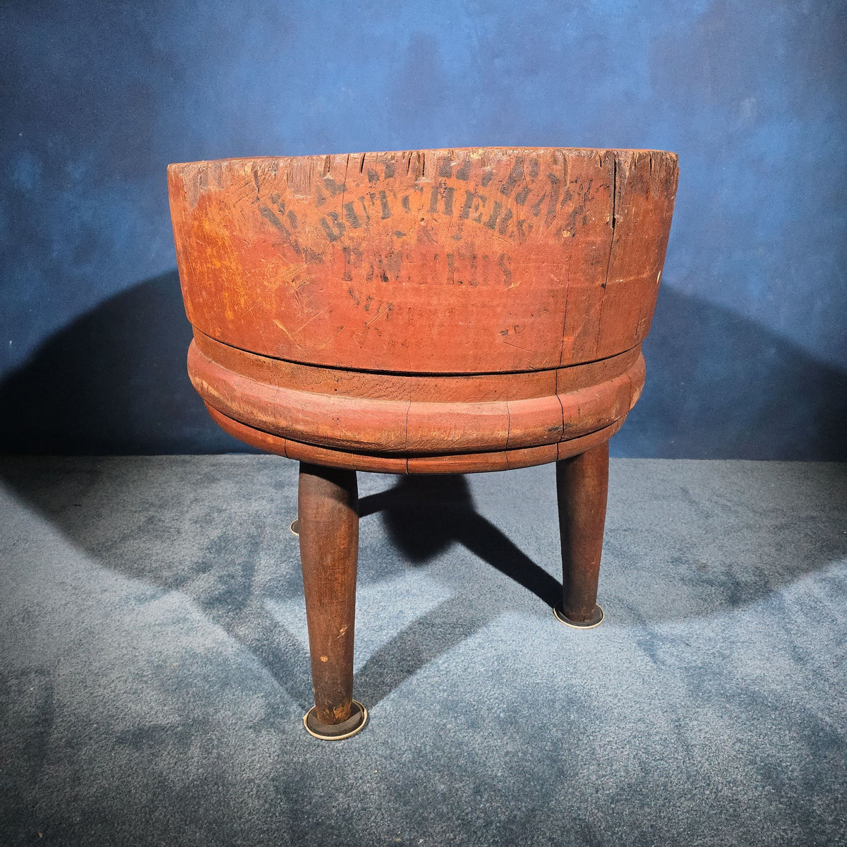 Antique Round Three-Legged Butcher Block with Stenciled "Butchers & Packers" Lettering