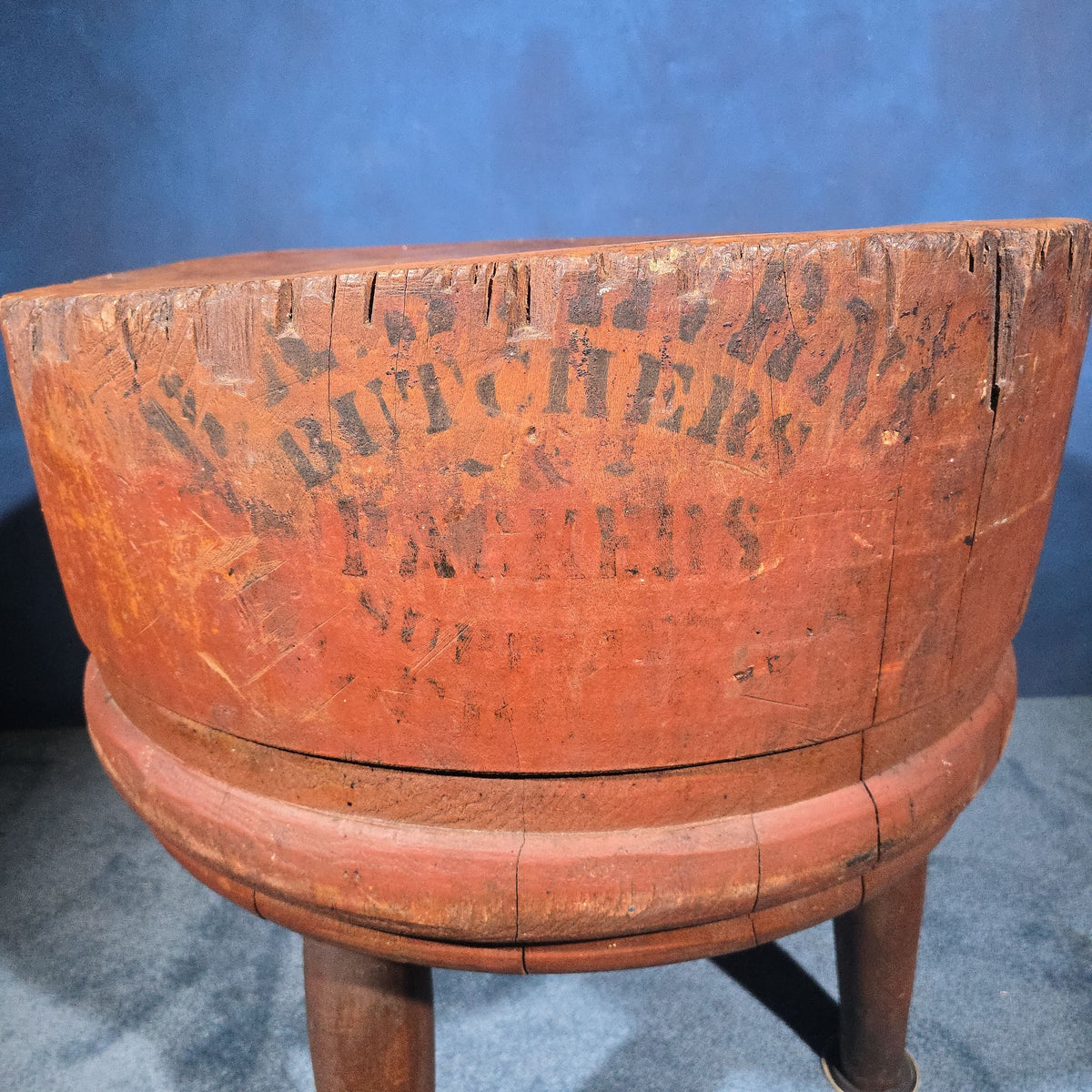 Antique Round Three-Legged Butcher Block with Stenciled "Butchers & Packers" Lettering