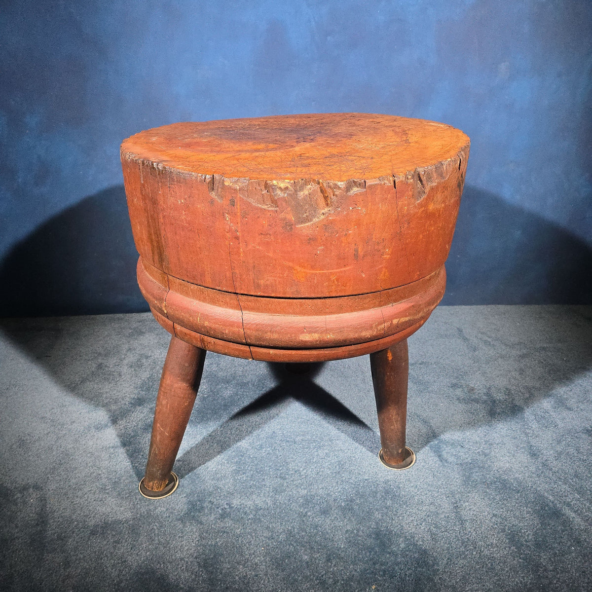 Antique Round Three-Legged Butcher Block with Stenciled "Butchers & Packers" Lettering