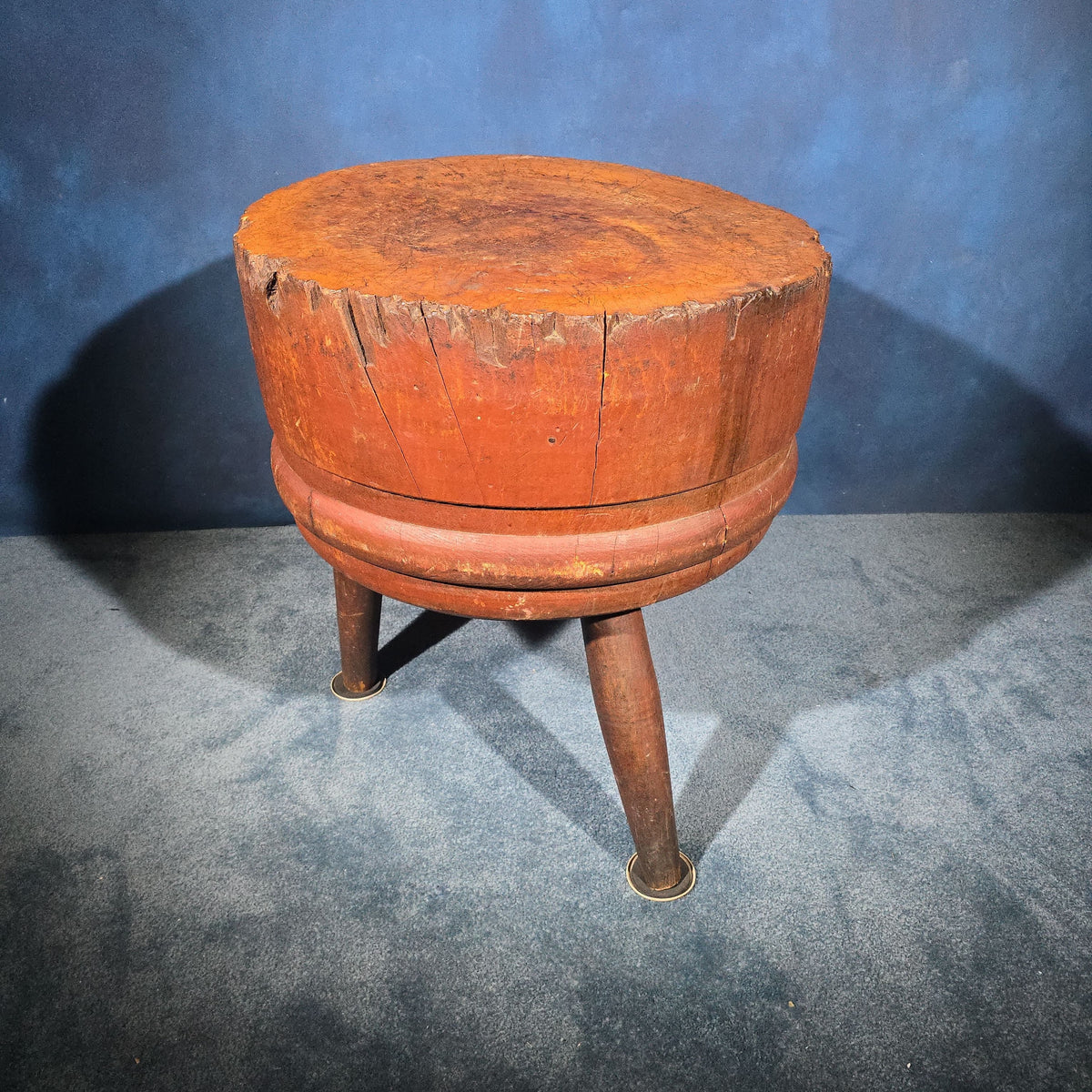 Antique Round Three-Legged Butcher Block with Stenciled "Butchers & Packers" Lettering