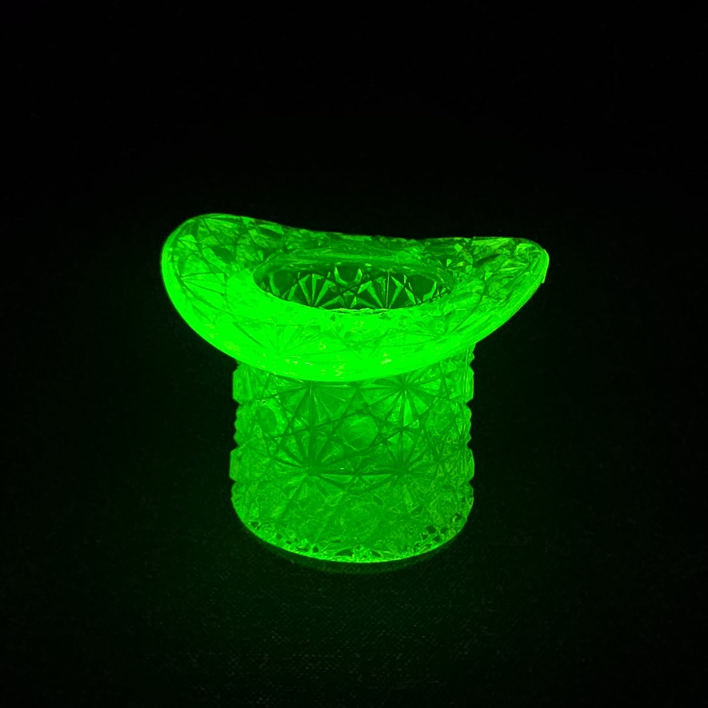 Antique Uranium Glass Top Hat Toothpick Holder with Daisy and Button Pattern, UV Reactive
