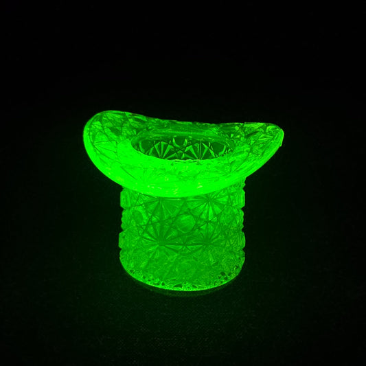 Antique Uranium Glass Top Hat Toothpick Holder with Daisy and Button Pattern, UV Reactive