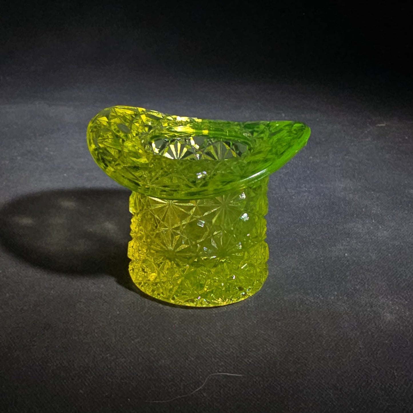 Antique Uranium Glass Top Hat Toothpick Holder with Daisy and Button Pattern, UV Reactive