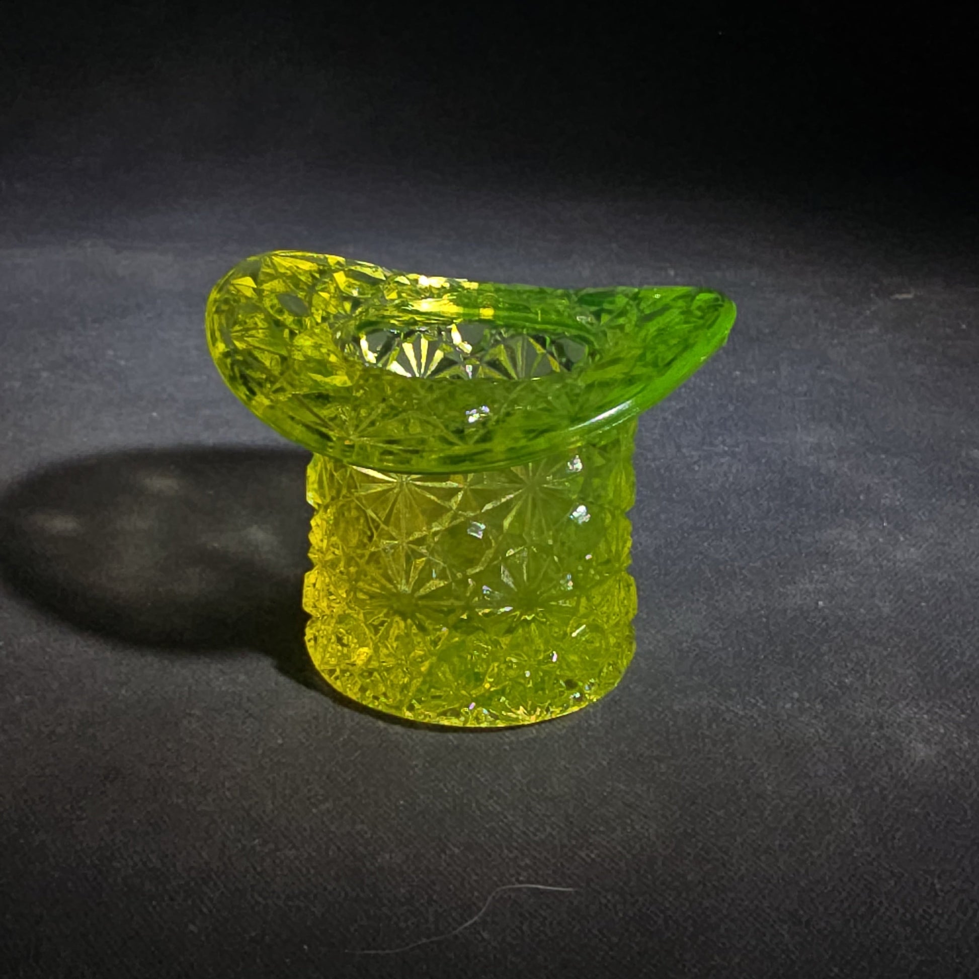 Antique Uranium Glass Top Hat Toothpick Holder with Daisy and Button Pattern, UV Reactive