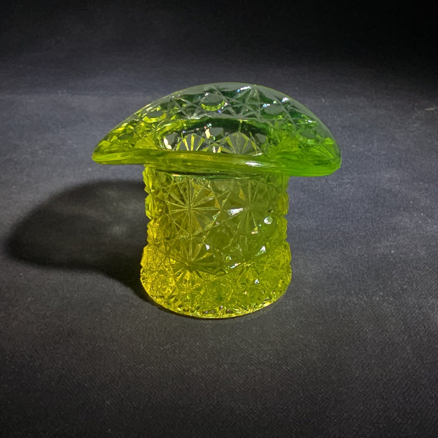 Antique Uranium Glass Top Hat Toothpick Holder with Daisy and Button Pattern, UV Reactive