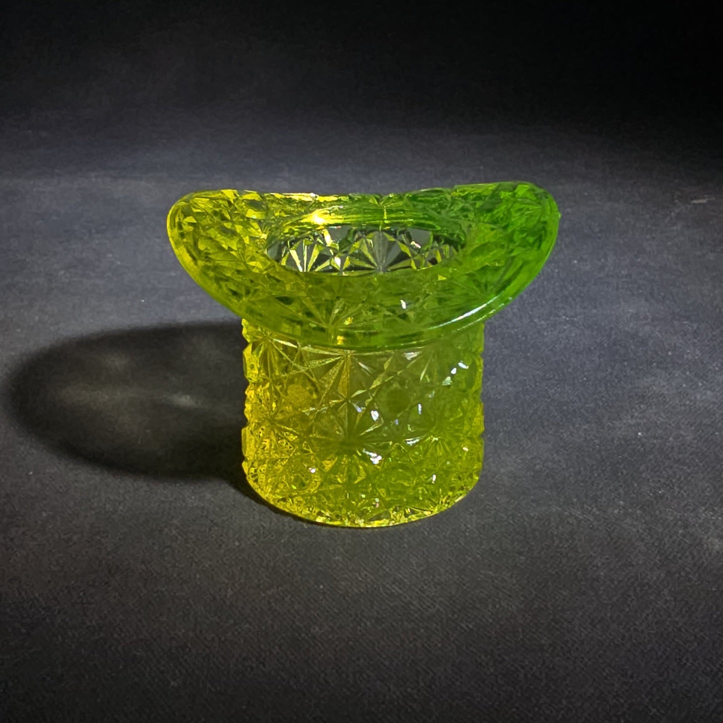 Antique Uranium Glass Top Hat Toothpick Holder with Daisy and Button Pattern, UV Reactive