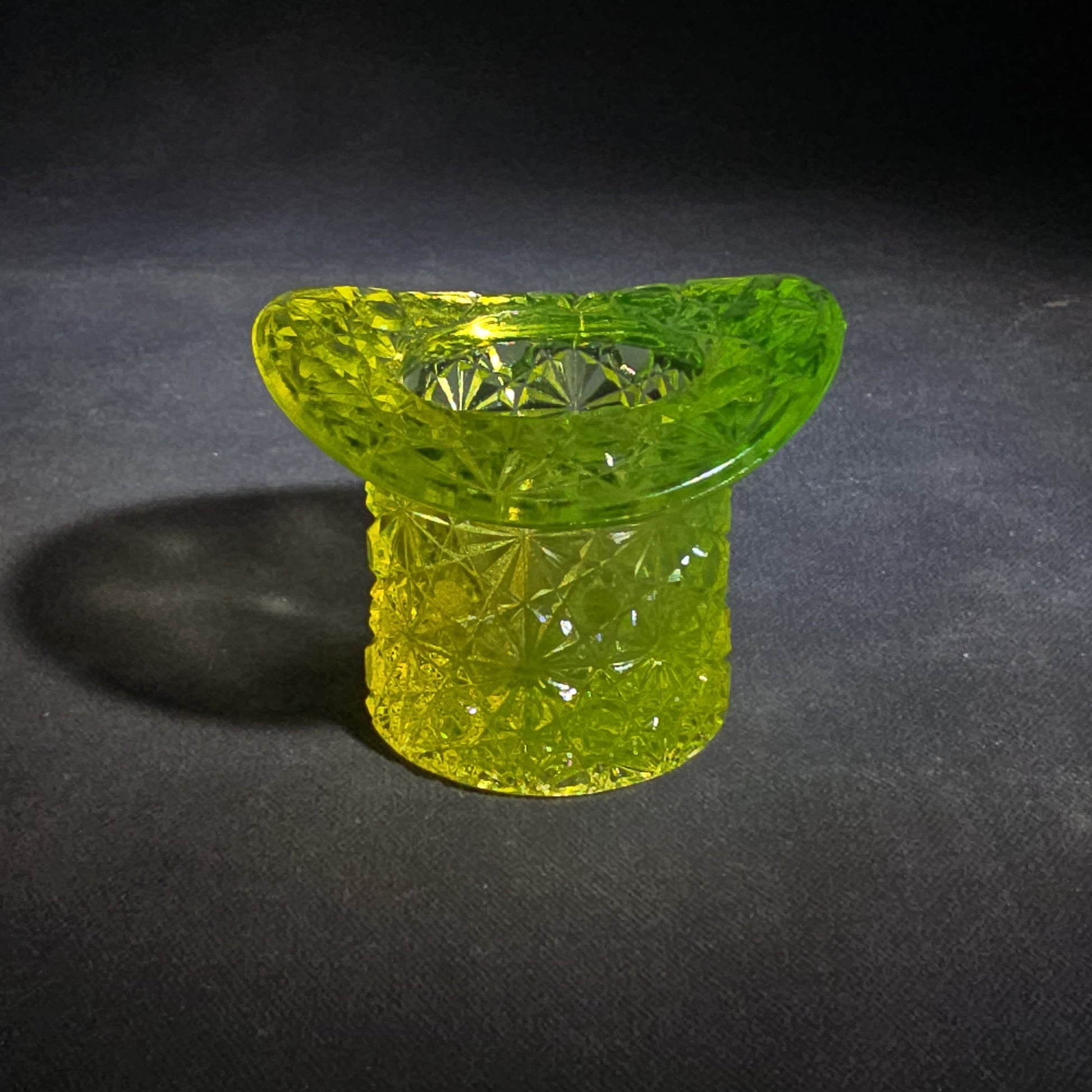 Antique Uranium Glass Top Hat Toothpick Holder with Daisy and Button Pattern, UV Reactive